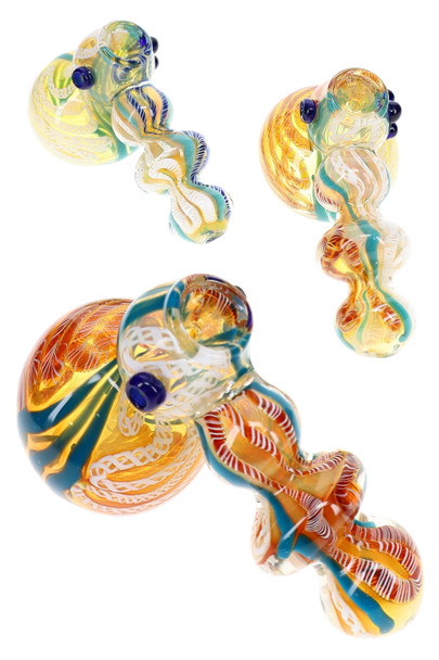 6" color-changing striped hammer bubbler with multicolor glass accents shown for retail glass displays