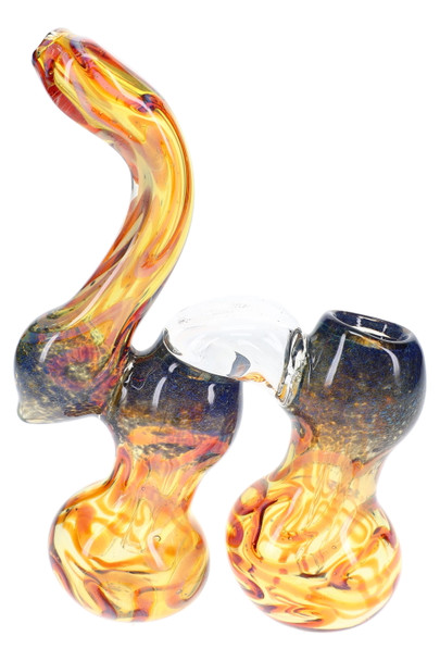 Front view of a 7" amber and blue frit glass Sherlock bubbler with two rounded chambers