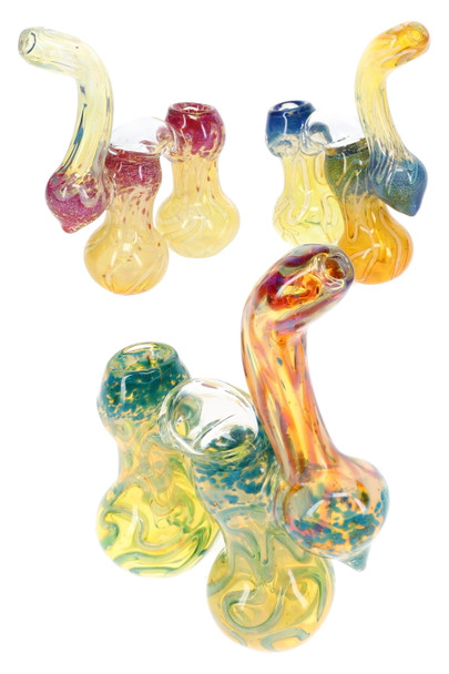 Multiple 7" Sherlock glass bubblers with curved necks, double chambers, and colorful frit accents