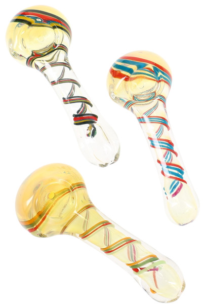 Wholesale 3.5-inch color-changing glass spoon pipes, clear borosilicate with rainbow swirl stripes, trio group front view