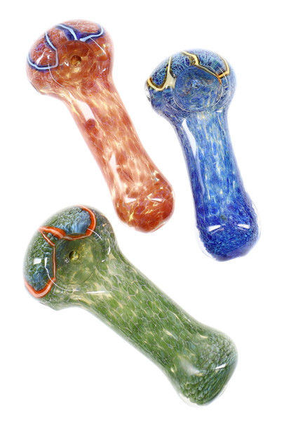 Wholesale 3-inch silver-fumed frit glass spoon pipes in green, blue and amber, trio illustrating color-shift texture.