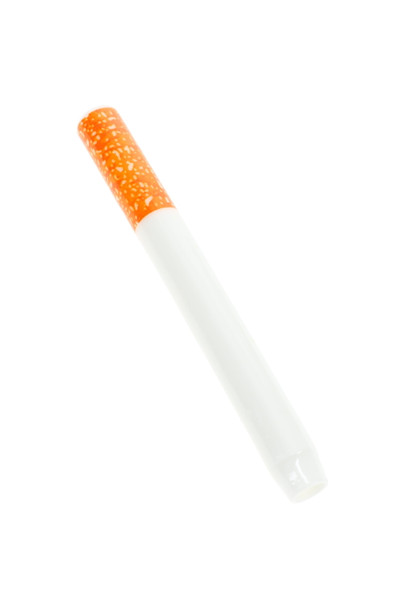 Large ceramic cigarette bat in white with orange speckled tip, compact wholesale one-hitter shown at angled front view