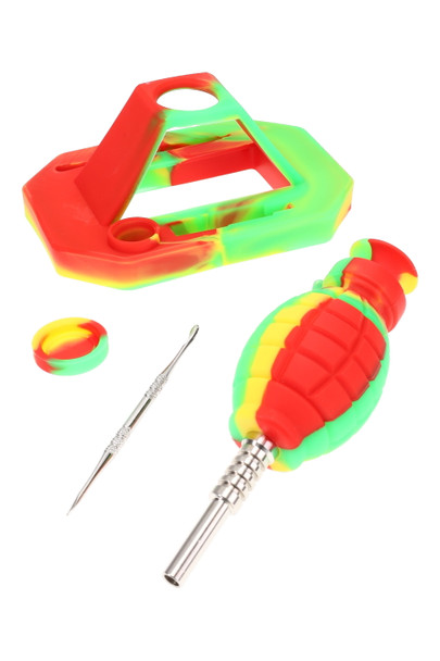 Red-yellow-green grenade silicone dab straw kit shown with matching dab tool and stash jar, retail smoke-shop supply, top-down product layout.