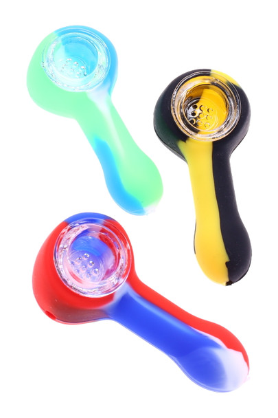 Assorted 3" silicone hand pipes with glass screen bowls, top view trio for wholesale counter restocks