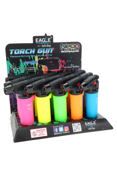 Countertop display of 15 Eagle neon torch gun lighters, assorted colors with Safe-Stop, stand for bulk head-shop sales. Countertop display of 15 Eagle neon torch gun lighters, assorted colors with Safe-Stop, stand for bulk head-shop sales.