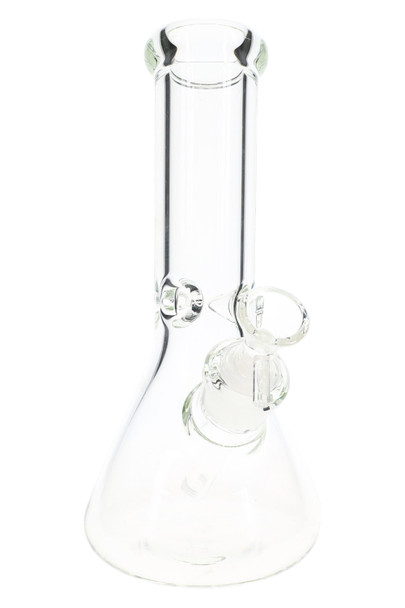 Clear 10" 9 mm thick beaker water pipe with ice pinch, front view for wholesale smoke shop glass displays