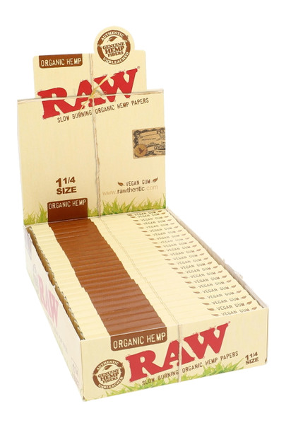 RAW Organic 1 1/4 paper display for wholesale rolling paper resale, open kraft 24-pack counter box with green packs