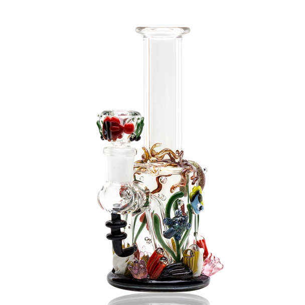 Under the Sea mini rig cutout on white showing ocean critter details and stemless 14.5 mm joint—B2B head-shop concentrate piece, compact beaker form.