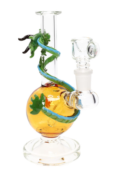 Side angle of Empire Glassworks Dragon Sphere mini rig, clear beaker base and sculpted dragon—wholesale dab rig, 14.5 mm female, amber globe body.