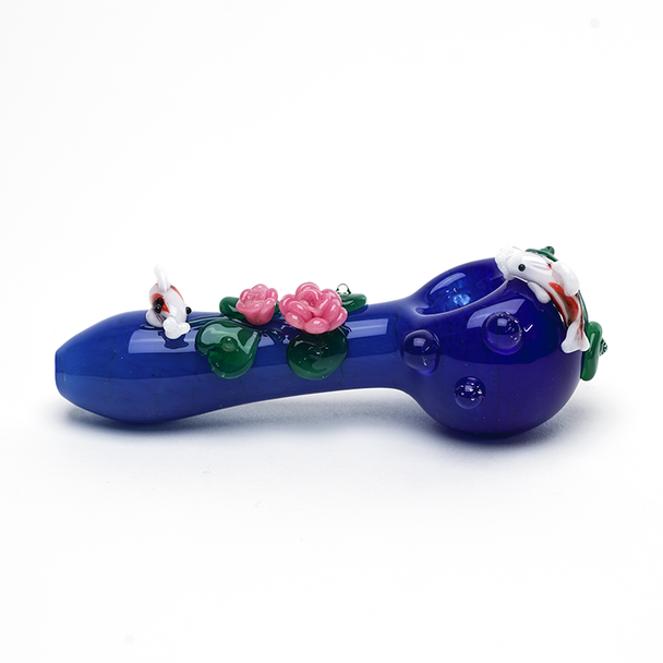 Side view of blue koi pond spoon showing blossoms and pads, clean white set—B2B novelty hand pipe for showcases, approx. 4.5" length.