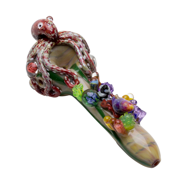 Top-down cutout showing octopus around the bowl and clustered coral accents along the stem—6" novelty hand pipe for wholesale showcases.