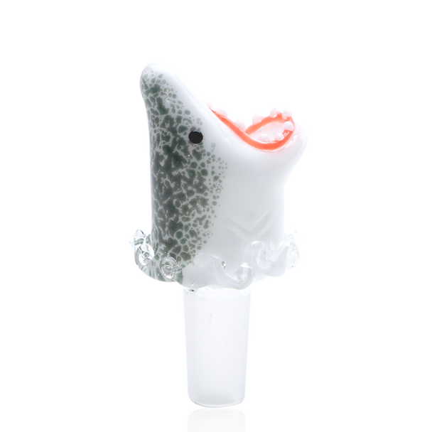 Jawsome borosilicate bowl slide for retail smoke gear displays, 14.5 mm male joint, white shark head detail with open mouth, front-left angle. Jawsome borosilicate bowl slide for retail smoke gear displays, 14.5 mm male joint, white shark head detail with open mouth, front-left angle.