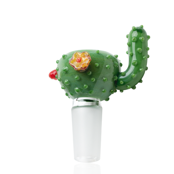 Head-shop cactus bowl slide for retail buyers, 14.5 mm male joint, bright green with nubbed spines and yellow-orange flower, front-left angle on white. Head-shop cactus bowl slide for retail buyers, 14.5 mm male joint, bright green with nubbed spines and yellow-orange flower, front-left angle on white.