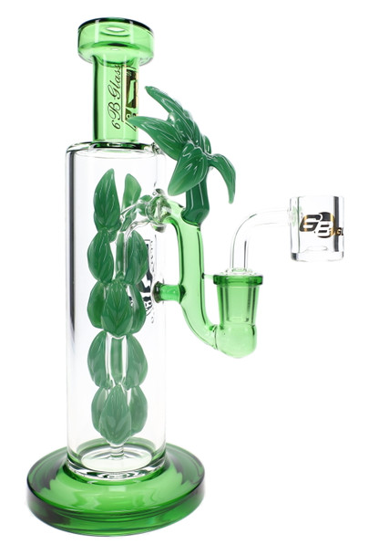 Side view of 6B Glass water pipe with layered green glass leaves and matching base for retail smoke gear displays.