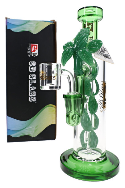 6B Glass stemless water pipe with green sculpted leaf vine and clear chamber for wholesale smoke shop showcases.