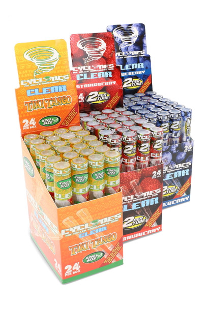 Cyclones Clear Cones 24-tube wholesale display with Blueberry, Strawberry, Tiki Tango flavors; clear cellulose cones; front-left angled view.