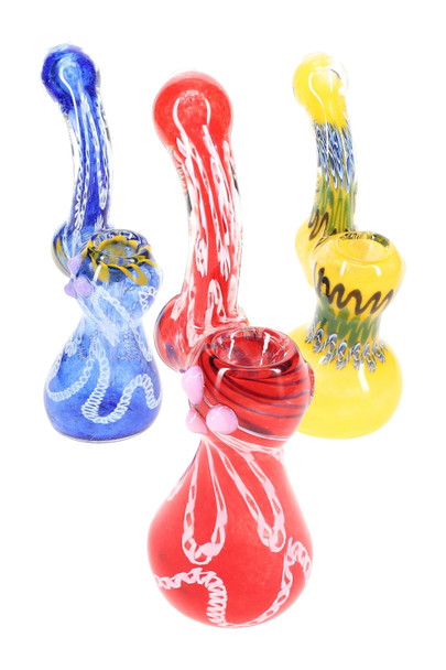 Red, blue, and yellow 6" frit glass sherlock bubblers grouped on white; durable head-shop glass with compact water chamber, front angle for retail buyers.