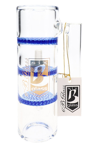 Clear 6B Glass male to female ash catcher with blue triple honeycomb disc percolators and branded hang tag.