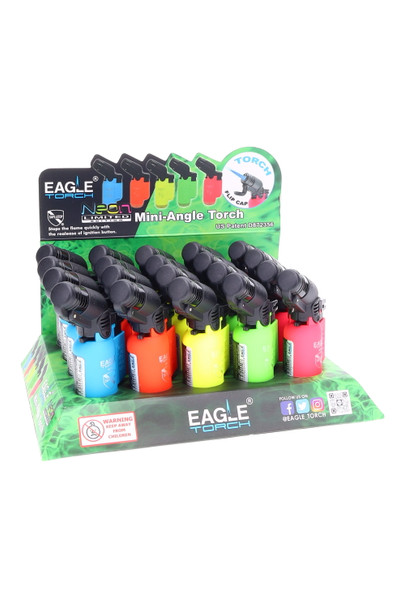 Wholesale Eagle Neon Mini-Angle torch lighters display, assorted neon colors; front-left angle with header card and tray base visible.