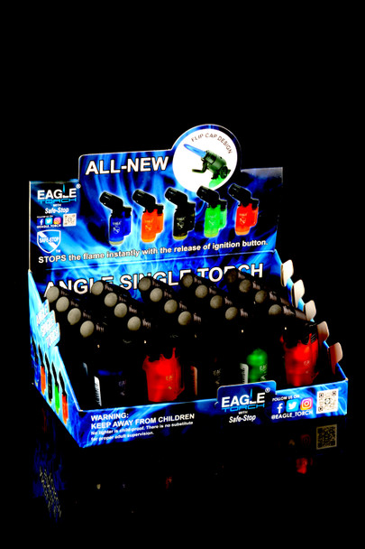 Wholesale 20-piece Eagle Angle Single Torch counter display, assorted colors with flip-cap design; front view on black reflective background.