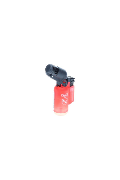 Bulk Eagle Angle Single Torch lighter, red frosted tank with angled head and flip cap; right-side profile studio shot.