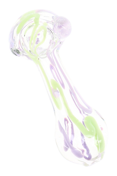 Close-up clear glass spoon pipe with green and purple squiggle stripes around the bowl, stem and mouthpiece