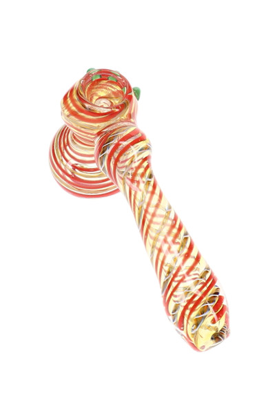 Color-changing glass hammer bubbler with clear amber-tinted body, red wrapped stripe pattern, rounded water chamber, and decorative worked glass accents.