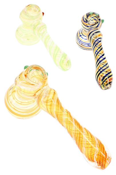 Assorted color-changing glass hammer bubblers with clear glass bodies, colorful wrapped stripe designs, rounded water chambers, and worked side carb accents.
