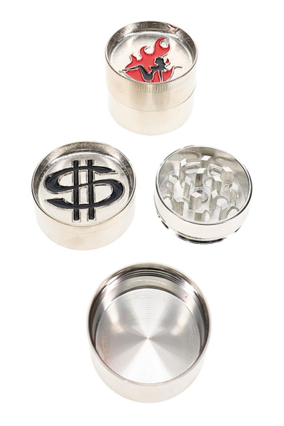 1.5" assorted-design 3-part metal grinder shown closed with decorative exterior finish