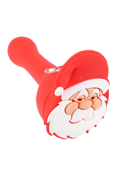 Red 4.5" silicone hand pipe with clear glass bowl and Santa face cap, angled top view for head-shop wholesale product listing. Red 4.5" silicone hand pipe with clear glass bowl and Santa face cap, angled top view for head-shop wholesale product listing.