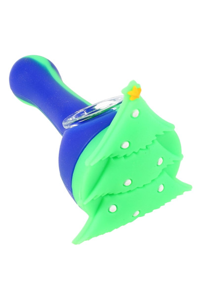 Blue/green 4.5" silicone hand pipe with clear glass bowl and green Christmas tree cap, angled product view for wholesale buyers. Blue/green 4.5" silicone hand pipe with clear glass bowl and green Christmas tree cap, angled product view for wholesale buyers.