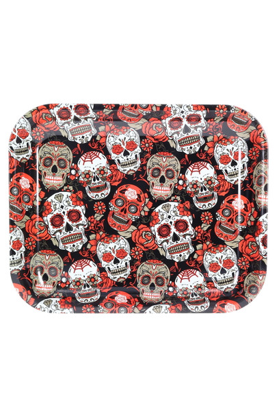 Large 13.5 x 11 metal rolling tray with red and black sugar skull design, top-down view for wholesale smoke-shop displays