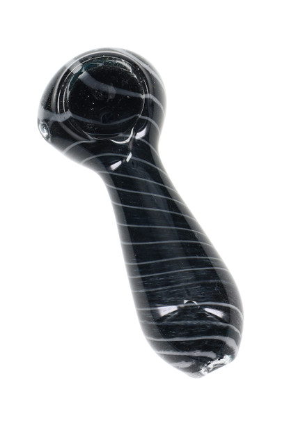 Black 3.5-inch spiral striped frit glass spoon pipe on white, angled profile photo for smoke shop inventory