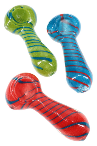 Assorted 3.5-inch spiral striped frit spoon pipes in red, blue, and green, group shot for wholesale resale