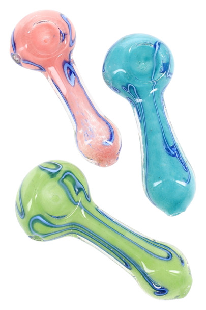 Wholesale 3.5-inch frit glass spoon pipes with blue swirl stripes; pink, teal and green bodies in top-down trio view.