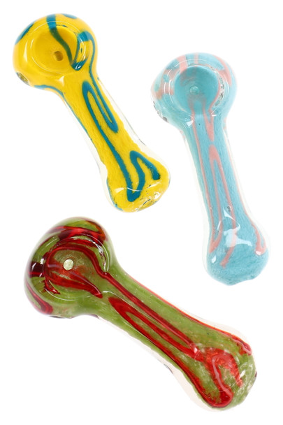 Wholesale 3.5-inch frit glass spoon pipes with blue swirl stripes; pink, teal and green bodies in top-down trio view.