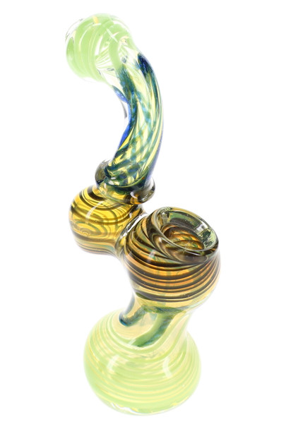 5" color-changing Sherlock glass bubbler with green and blue striped curved neck, worked bowl, and rounded water chamber.