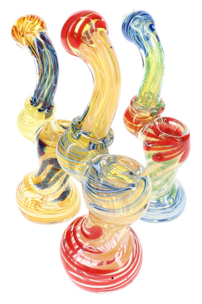 Assorted 5" color-changing Sherlock glass bubblers with multicolor striped worked glass, curved necks, and integrated water chambers.