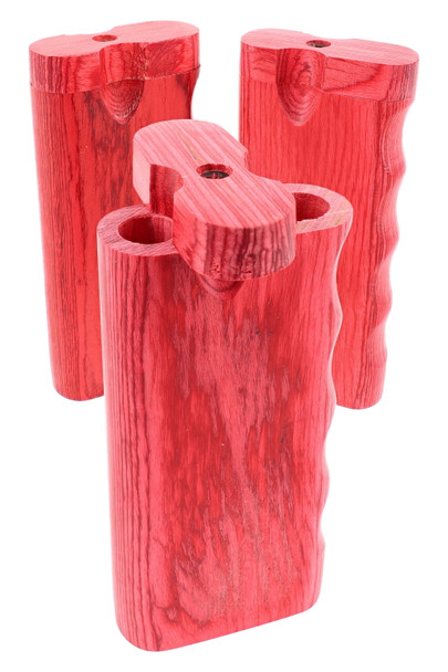 Large red wooden single-grip dugout for wholesale buyers, swivel lid open to show herb and bat chambers, large size, front three-quarter angle on white.