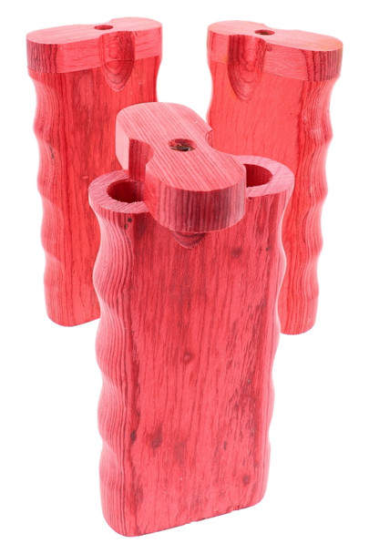 Large red wood dugouts with double-sided finger grips, three-piece angled studio view; durable retail smoke-shop accessory for case displays.
