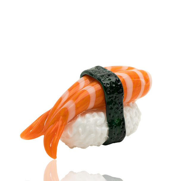 Handcrafted borosilicate glass sushi-themed pipe featuring detailed shrimp nigiri design