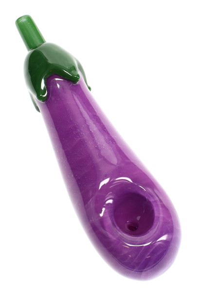 Purple eggplant-shaped glass spoon with green leaf cap, 5" length; side carb visible, novelty hand pipe for wholesale head-shop buyers. Purple eggplant-shaped glass spoon with green leaf cap, 5" length; side carb visible, novelty hand pipe for wholesale head-shop buyers.