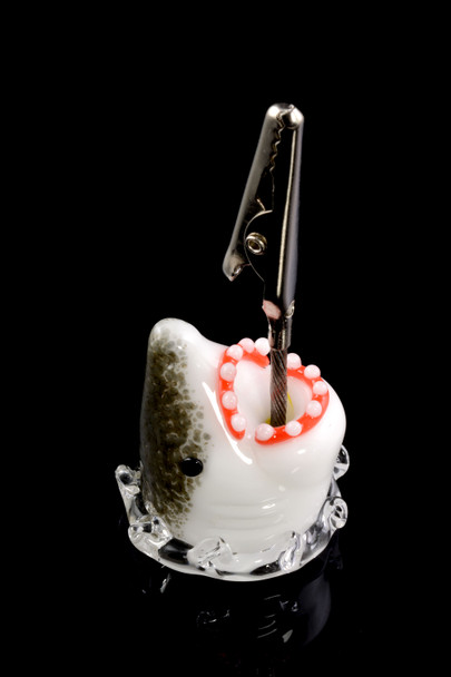 Shark-themed roach clip for head-shop buyers, grey/white glass base with red gumline and clear splash accents, metal alligator clamp, glossy black view.