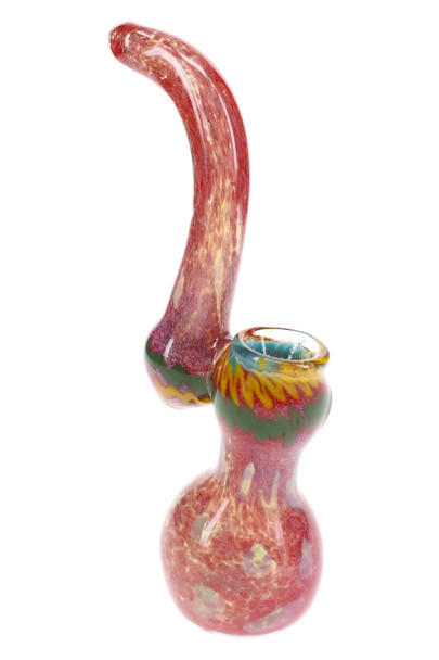 6.5" silver fumed frit Sherlock glass bubbler with red-orange body, curved neck, bubble accents, and worked bowl
