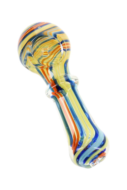 4" color-changing glass spoon pipe with blue, yellow, orange, and light blue striped ribbon accents, rounded bowl, decorative glass ring, and side carb.