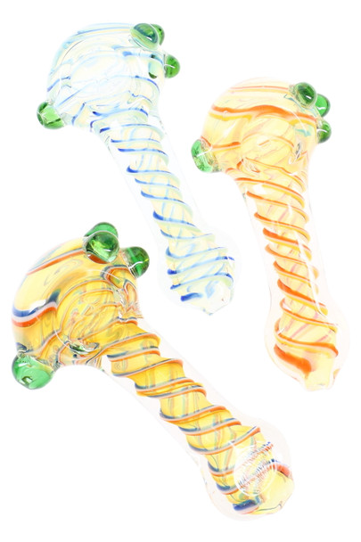 Trio of 4.5" color-changing spoon pipes with multicolor spiral stripes and green marble grips, clear bodies shown top view for wholesale head-shop listings.