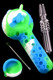 Blue-green silicone hand pipe with bee-accent flip lid shown disassembled; glass straw, metal tool, and silicone jar included for B2B product pages.