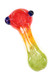 Single 3.5" rasta frit glass spoon pipe with blue marble and red-to-green fade, smoke shop inventory close-up