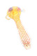 4" silver fumed glass spoon pipe with pink spiral stripe handle and clear marble accents shown from angled side view