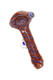 Close-up of a 4" brown glass spoon pipe featuring blue spiral stripe accents, a rounded bowl, clear marble grip, and matching blue decorative marble.